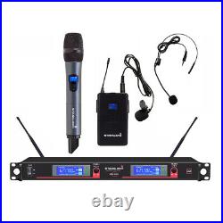 2CH UHF Wireless Microphone System Handheld Headset Lapel Bodypack Audio KTV Mic