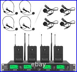 Wireless Microphone System Pro UHF 4 Channel 4 Lavalier Bodypacks 4 Lapel Mic 4